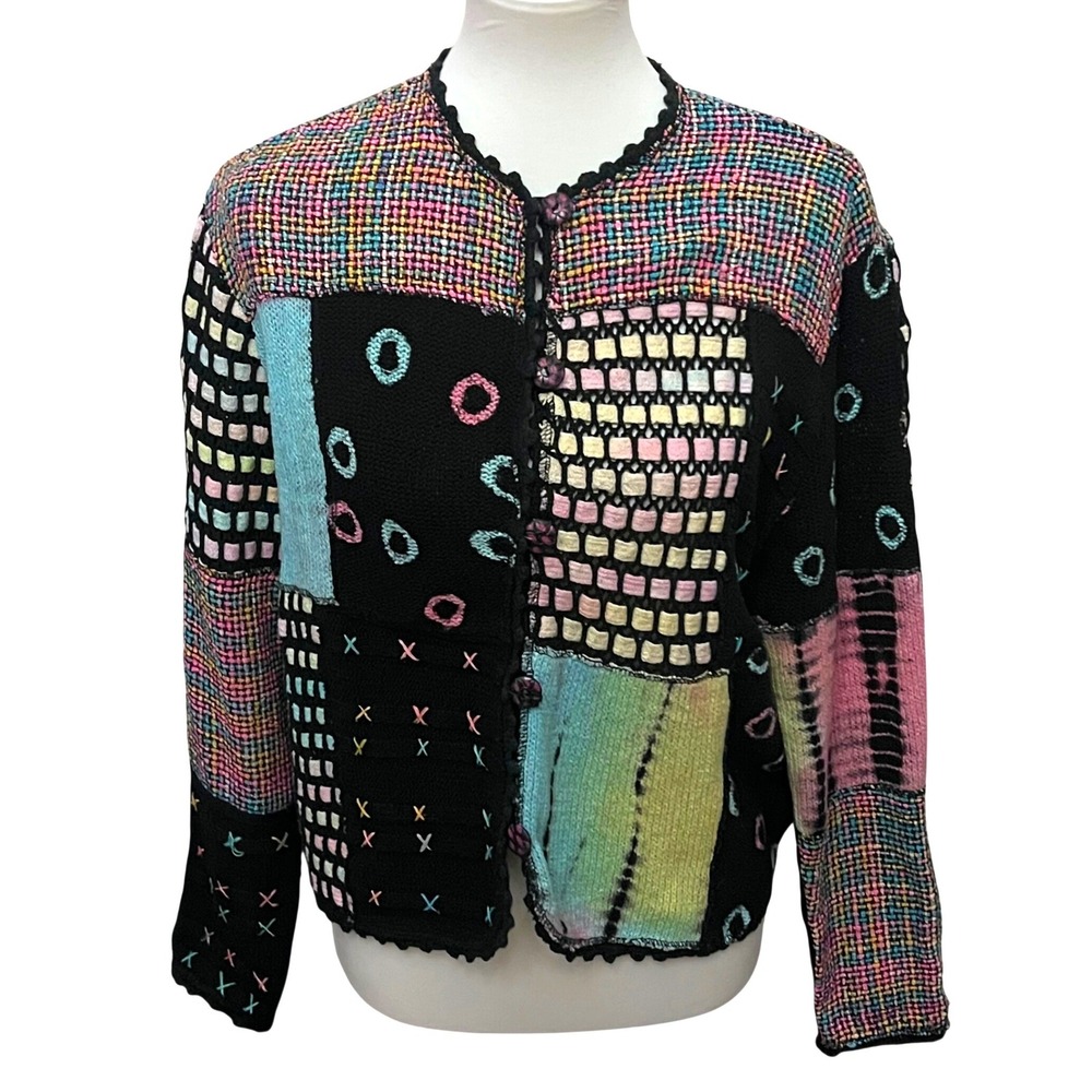 Vintage 80's Cotton Silk Patchwork Cardigan‎ Sweater Black Multi Art to Wear M
